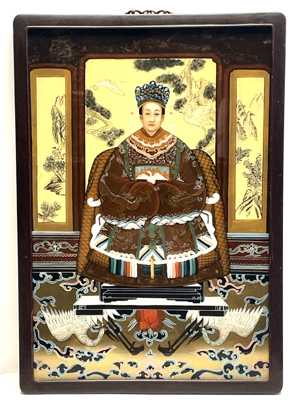 Vintage Chinese Reverse Glass Painting Female Ancestor Portrait Qing Style 27x19